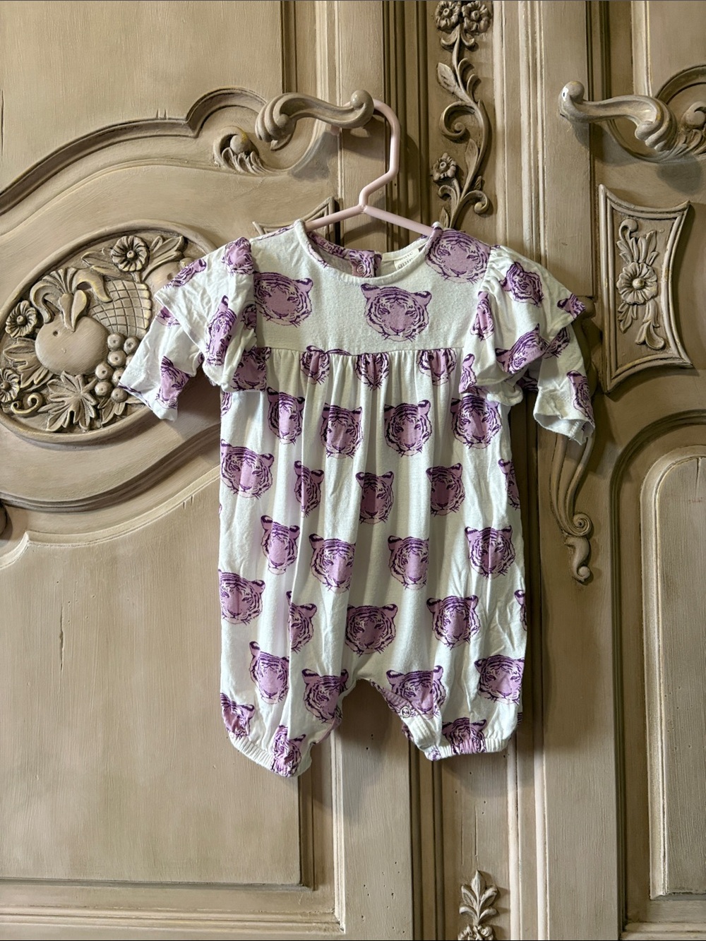 kate quinn Cream One-Piece Footie with Purple Tiger Faces